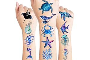 MEOISDABEST 96 PCS Ocean Pre–Cut Blue Animals Temporary Tattoos Themed Birthday Party Decorations Favors Supplies Décor Under The Sea Turtle Fish Tattoo Stickers Gifts For Game Boys Girls Classroom (Normal)