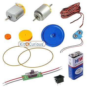 Kit4Curious 2 DC Hobby Motor, 3 Pulley Set, Belt, Motor-Direction-Control Switch, 9v Batt, Connector, Switch, Wire DIY Science Kit with Instruction Manual