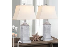 Hamucd Coastal Table Lamps Set of 2, Beach Living Lamps for Bedroom with USB A+C, Antique Grey Modern Resin LED 3-Color Temperature Bedside Nautical Decor, Nightstand Tropical Lamps for End Table.