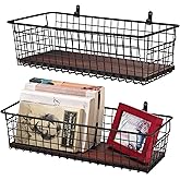SheeChung 2 Set [Extra Large] Portable Metal Farmhouse Wall Decor Storage Organizer Basket Bin with Handles & Floating Shelves for Hanging in Bathroom, Kitchen, Office-Wall Mount Hooks, Black