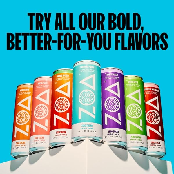 ZOA ZERO SUGAR ENERGY DRINKS, MANGO SPLASH – SUGAR FREE WITH ELECTROLYTES, HEALTHY VITAMIN C, AMINO ACIDS, ESSENTIAL B-VITAMINS, AND CAFFEINE FROM GREEN TEA – 12 FL OZ (12-PACK)