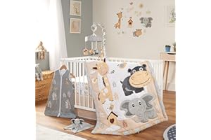 OBERLUX Crib Bedding Set for Boys and Girls, 8 Piece Baby Nursery Bedding Crib Set, Jungle Animal Safari Theme, Gray/Tan/White
