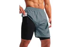Pudolla Men’s 2 in 1 Running Shorts 5" Quick Dry Gym Athletic Workout Shorts for Men with Phone Pockets