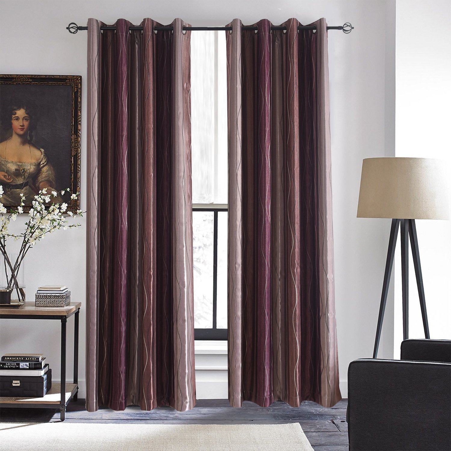 Anady Top Purple Brown Room Darkening Curtains 2 Panel Geometric Curtains Drapes For Bedroom Grommet Top 84 Inch Long