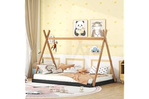 BELLEMAVE Wood Teepee Bed Full Size Floor Beds for Kids, Montessori Style House Tent Bed Frame for Boys Girls Teens, Box Spring Required, Black with Brown