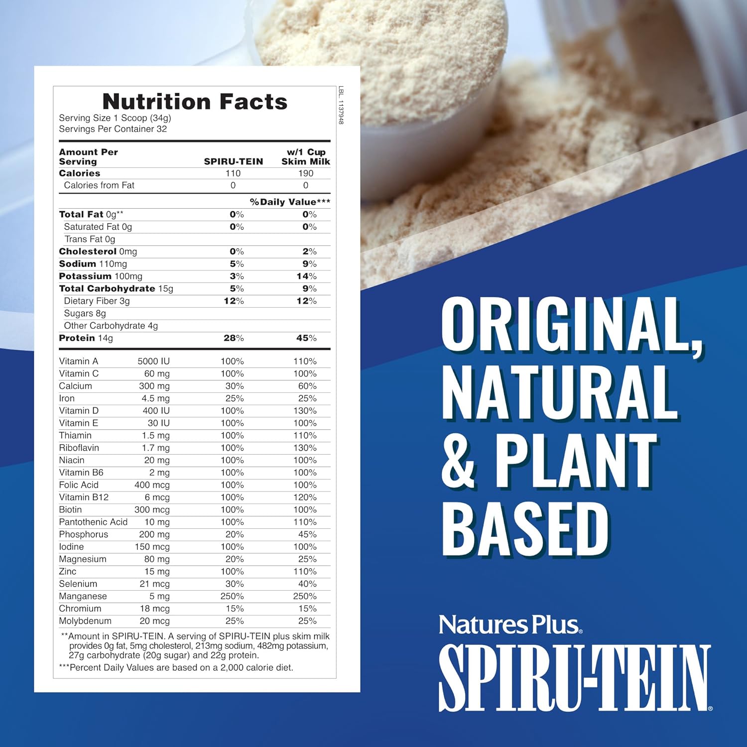 NaturesPlus SPIRU-TEIN Shake - Banana Flavor - 2.4 lbs, Spirulina Protein Powder - Plant Based Meal Replacement, Vitamins & Minerals for Energy - Vegetarian, Gluten-Free - 32 Servings: Health & Personal Care