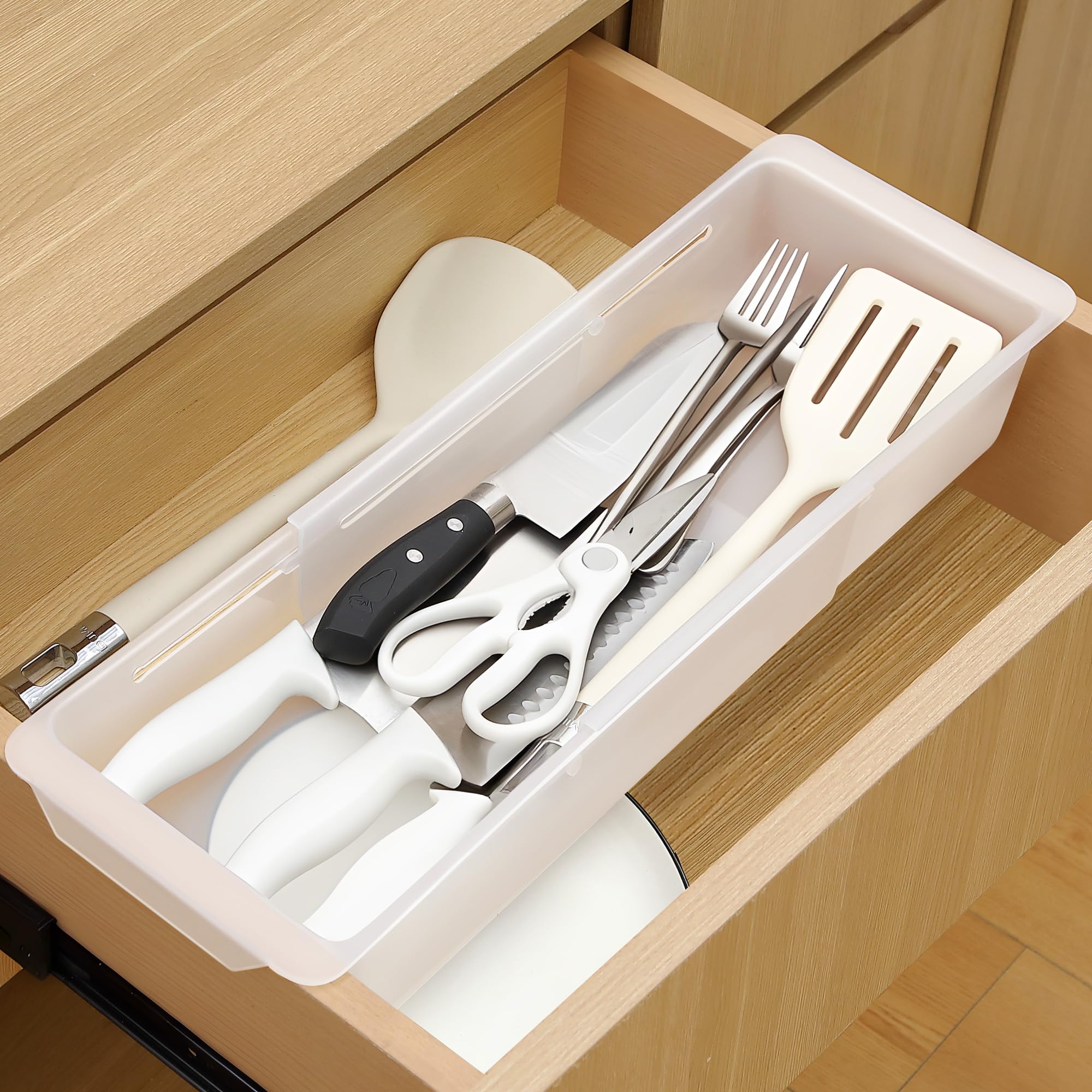 Photo 1 of Gulfmew Deep Drawer Organizer Bins, Adjustable Sliding Drawer Organizer Bin Expandable Tray for Kitchen Utensils, BBQ Tools, Towels, Durable Plastic Sliding for Easy Storage(17" to 27”)