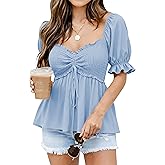 Poetsky Women's Summer Peplum Tops Puff Short Sleeve Babydoll Blouses Trendy Going Out Shirts