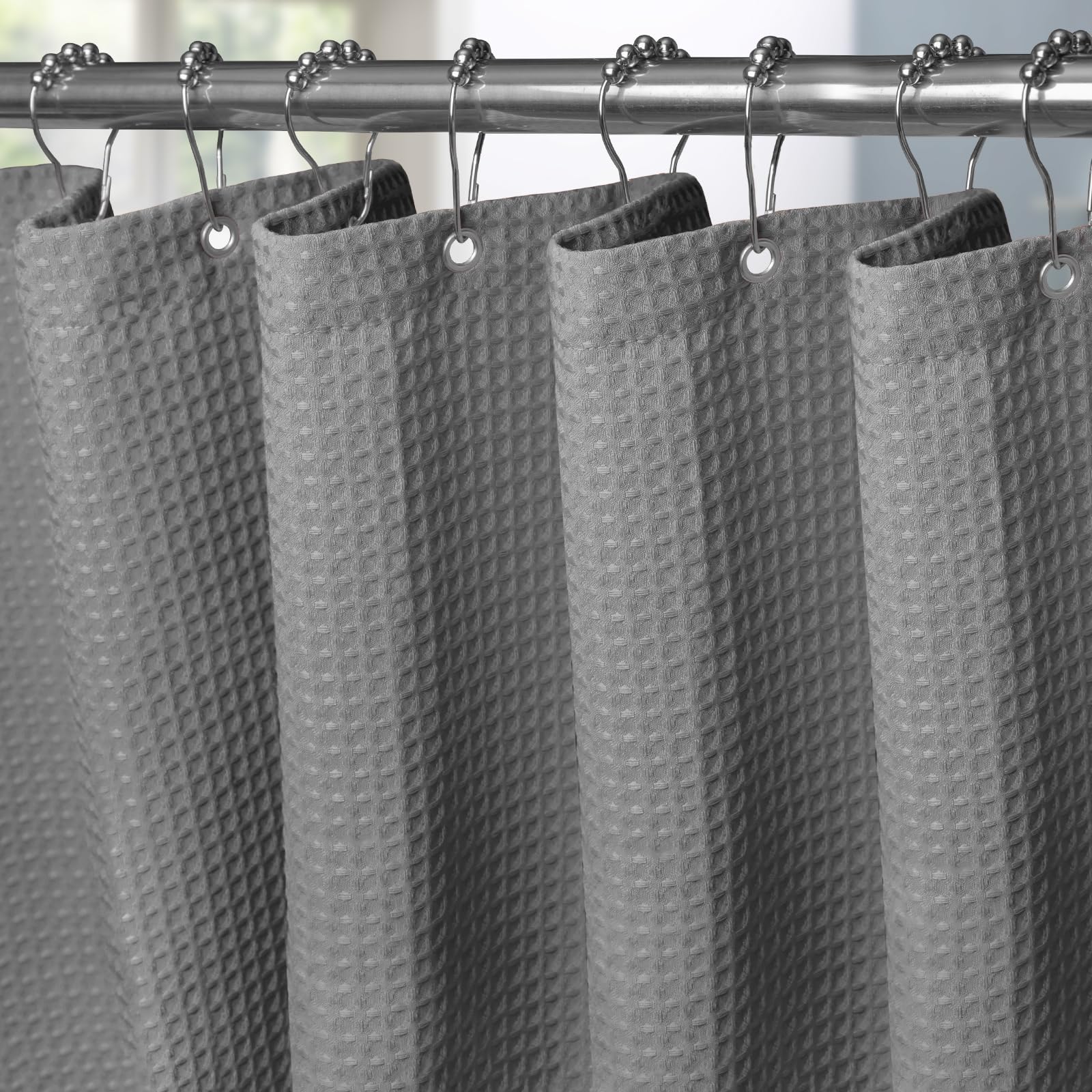 VANZAVANZU Shower Curtain for Bathroom with Metal Hooks Waffle Fabric Shower Curtain Heavy Duty Bath Curtain for Wet Room Bathtub Shower Stall, Weighted Hem, Water Resistant - 182 x 182cm (Dark Grey)