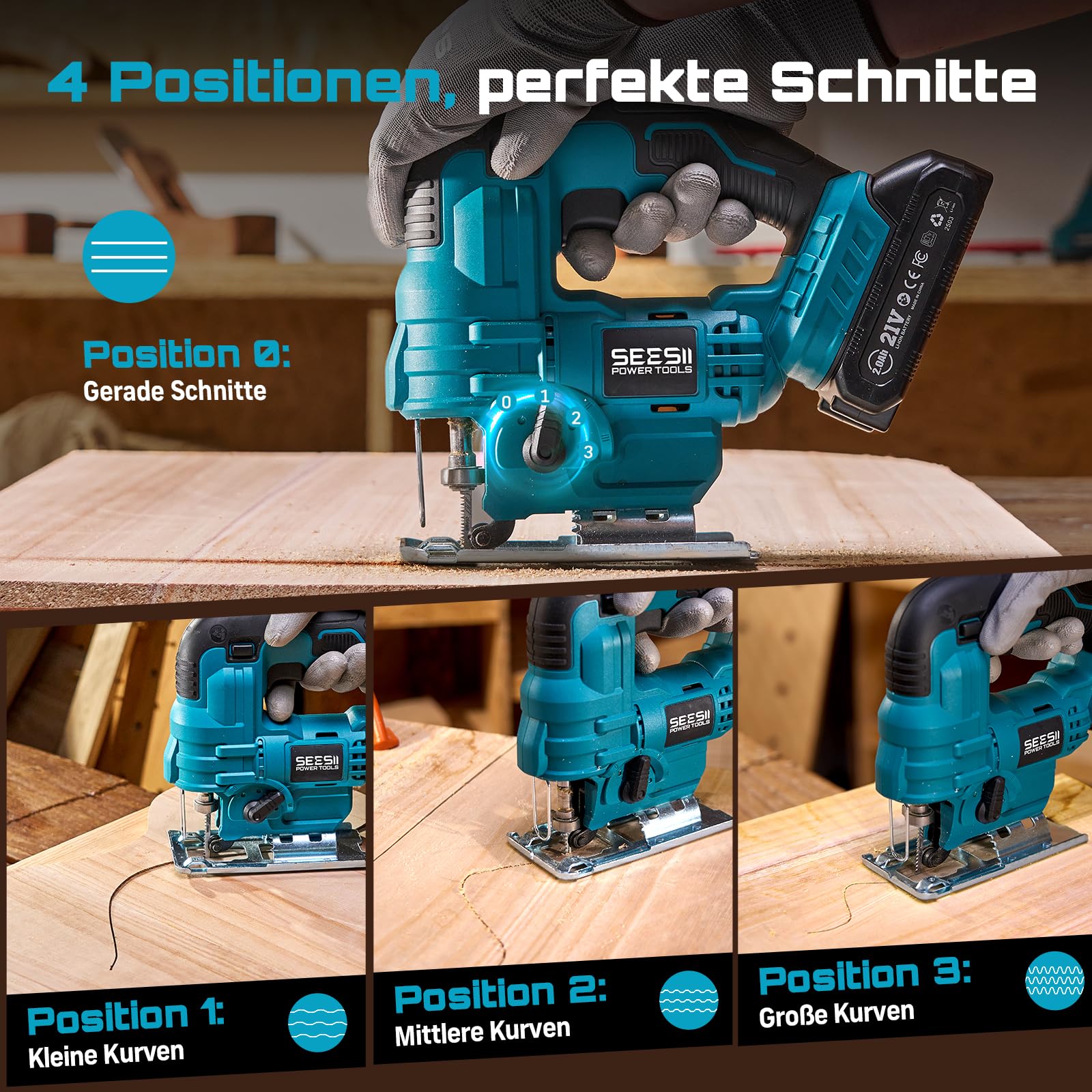 Seesii Stichsäge 21V, Akku Stichsäge mit Akkus und Ladegerät Set, 6-Stufen, Mit LED, 0°-45° Gehrung, 4 Pendelhub-Einstellungen, 20mm Hubhöhe, 2800 SPM, 9 Sägeblättern, mit Tragetasche 7