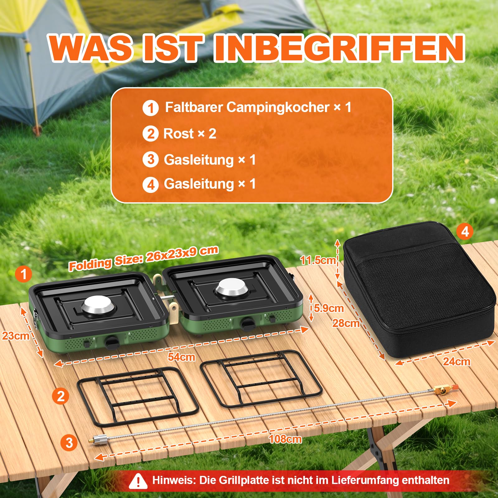 2-Flammig Campingkocher Gas Faltbar, Camping Gaskocher Herd mit Zünder & Tragetasche für Outdoor-Kochen, Campingplatz, Gartenparty, Grillabend, Picknick, Festival-Camping, Vanlife (ohne Grillplatte) 5
