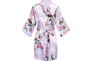 KIMONO PALACE Women's Short Kimono Robes Bride and Bridesmaid Satin Floral Bathrobe Peacock Sleepwear Dressing Gown for Wedding Party