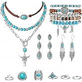 BTTLVZC 18 Pcs Western Turquoise Jewelry Set for Women Bohemian Necklace Dangle Earring Stackble Bracelet Knuckle Rings Cowgirl Accessories for Country Concert Outfit Jewelry Gifts
