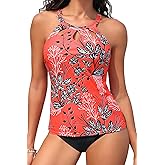Yonique Two Piece High Neck Tankini Swimsuits for Women Tummy Control Bathing Suits Floral Print Swimwear