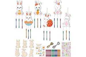 TREACLUB 12 Packs Easter Wind Chime Kit for Kids, Easter Bunny Make Your Own Rabbit Wind Chime Crafts Spring DIY Coloring Wooden Cutouts Arts and Crafts for Girls Boys