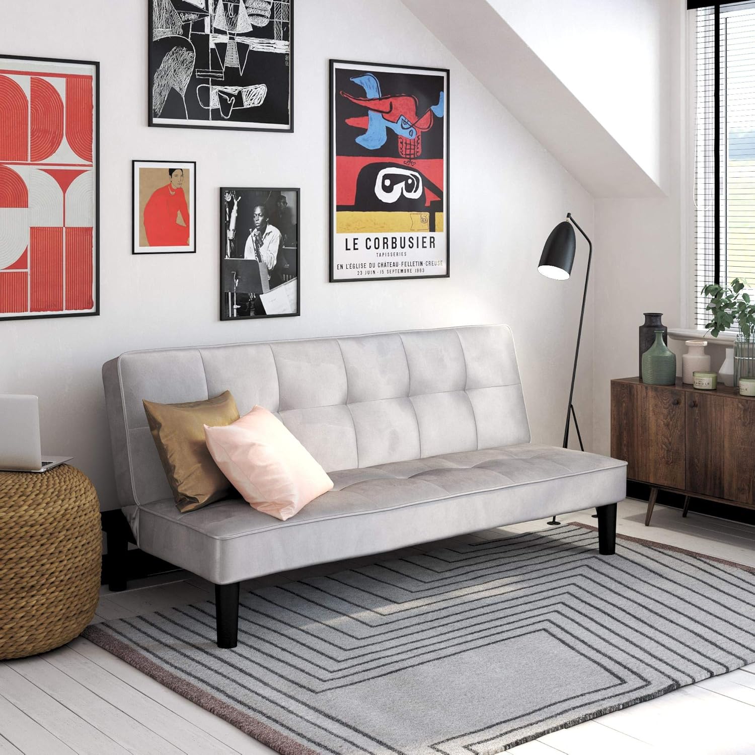 REALROOMS Tyler Futon, Convertible Couch, Gray Velvet