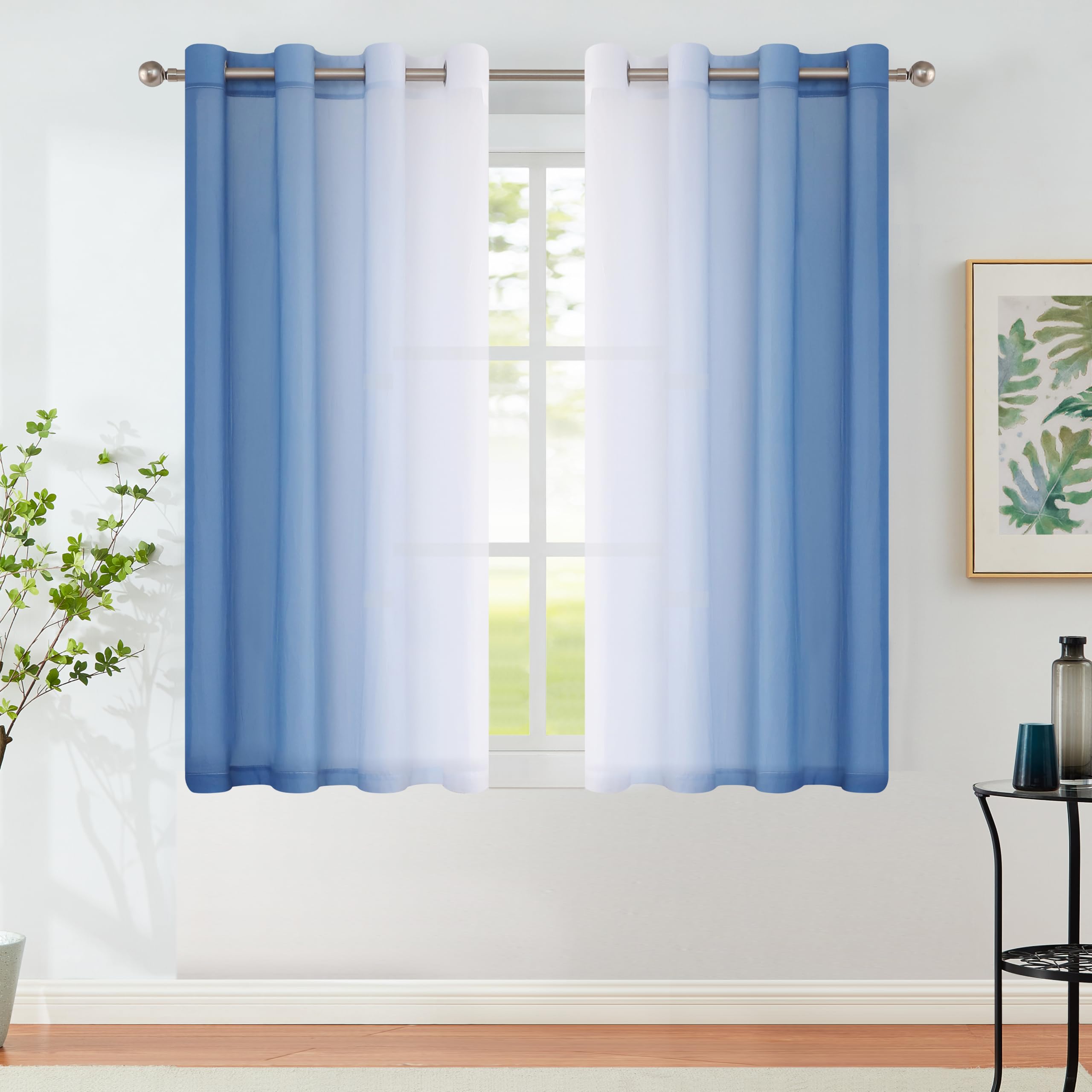Photo 1 of Ombre Sheer Curtains Blue 54 Inches Length for Bedroom Living Room, Chiffon Crinkle Semi Sheer Short Curtain Panels Light Filtering Not See Through for Laundry Room, Grommet Top, 52" W