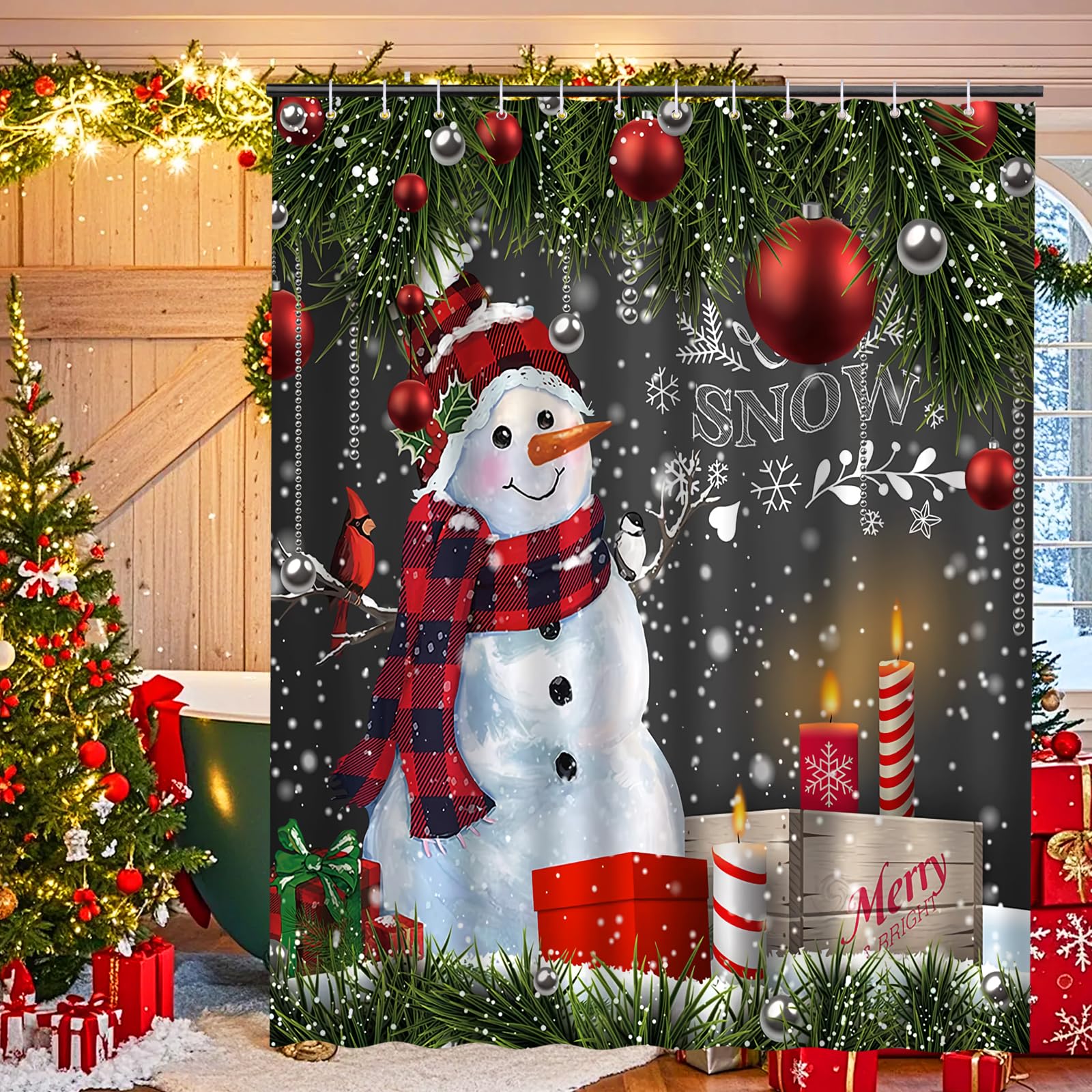 Minicoco Christmas Shower Curtain Mildew and Mould Resistant Bathroom Curtains Waterproof Shower Curtain Christmas Decorations 100% Polyester Window Curtains with 12 Hooks, 180x180cm