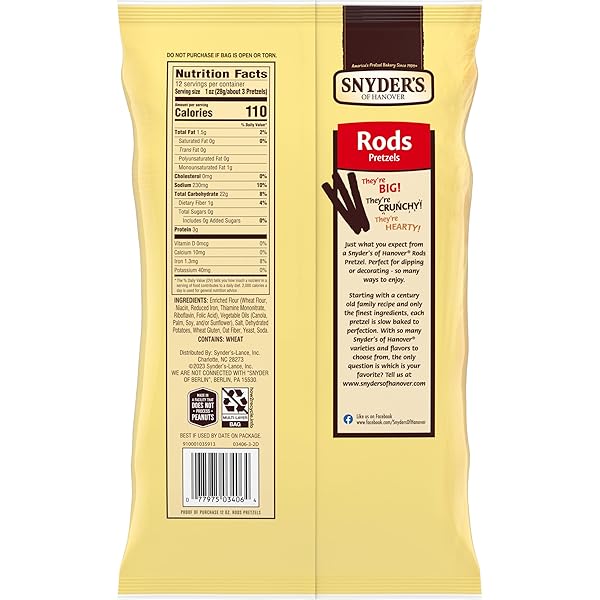 SNYDER’S OF HANOVER, PRETZEL RODS, 12 OZ BAG