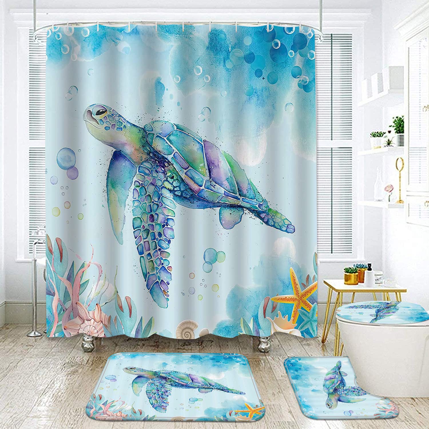 NEWSUYAA 4 Piece Sea Turtle Shower Bathroom Set, Teal Underwater Seaweed Seashell Curtain with Bath Rugs, Toilet Seat Cover, Marine Animals Ocean Shower Curtains with Hooks