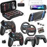 Pro Controllers (2 Pack) Accessories Bundle for Nintendo Switch 2, 18-in-1 | 2* Wireless Controllers (Back Buttons), 22-Slot Case, Auto-Align Screen Protector, Dockable Protective Cover for Game Console
