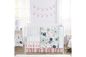 Sweet Jojo Designs 4-Piece Baby Crib Bedding Set (Pink/Blue Boho Floral) for Girls, Infants/Nursery incl. Blanket, Fitted Sheet, Skirt, Diaper Stacker (Watercolor, Rose, Polka Dot, Shabby Chic, Navy)