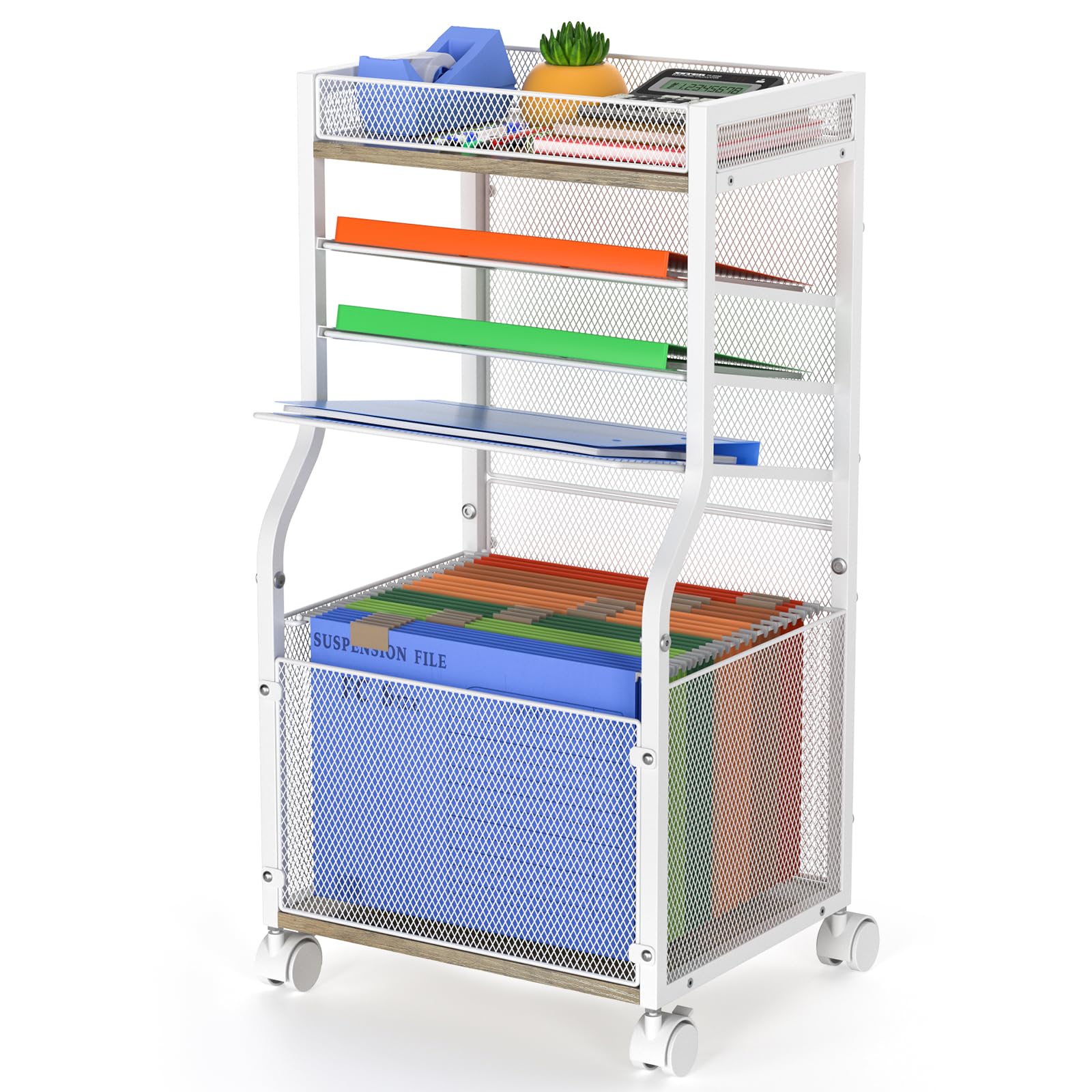 Photo 1 of 3IngSeagulls 5-Tier Rolling File Cart with Hanging File Folders, Mobile Desk File Organizer on Lockable Wheels, Wood & Mesh Paper Letter Sliding Trays Organization for Office, Home, School, Patent