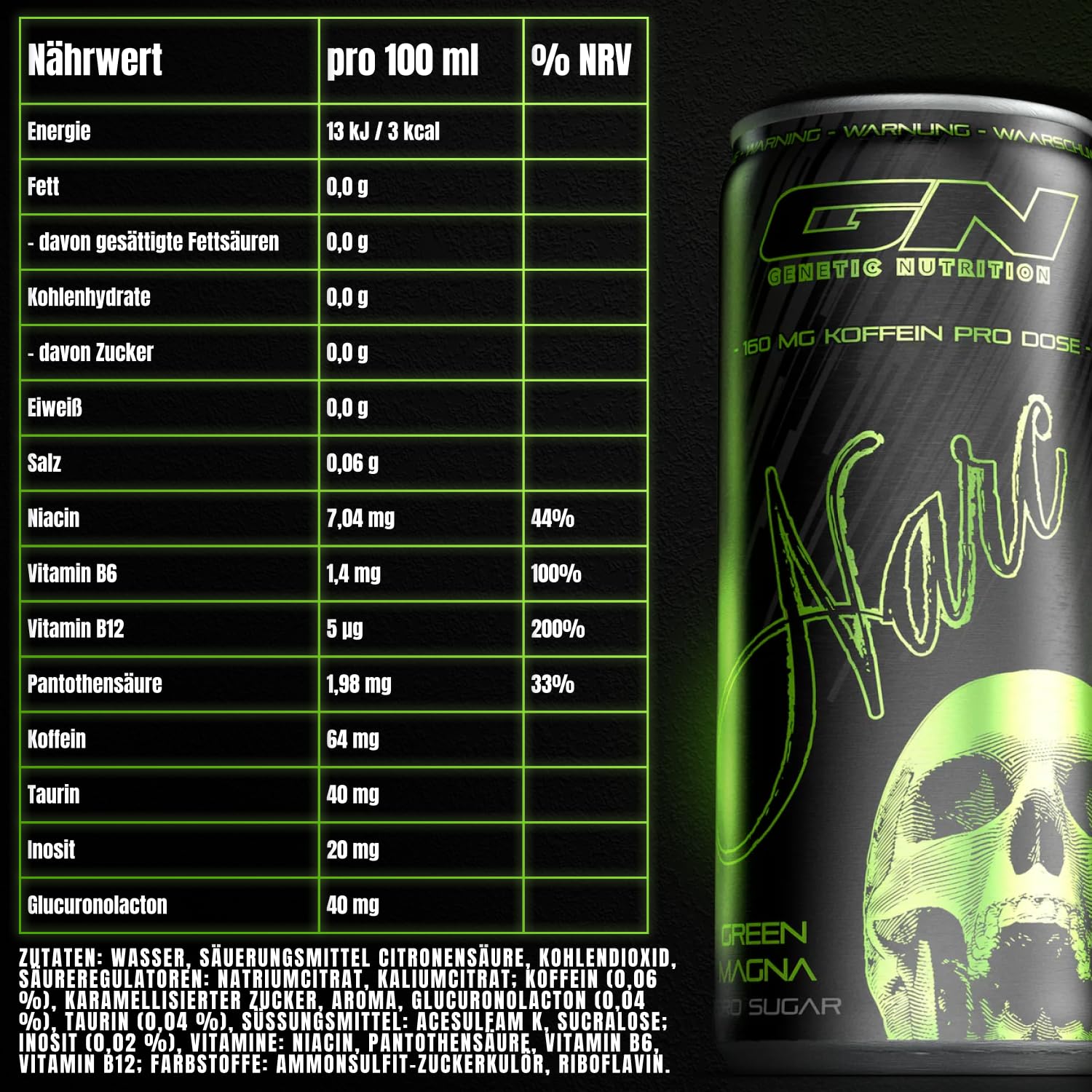 Narc Energy Drink inkl. Pfand 6€ | Starker Pre-Workout Booster | 160 mg Koffein & Taurin | Energie & Fokus Erfrischungsgetränk ohne Zucker Green Magna 24 Pack (24 x 0,25l) 6