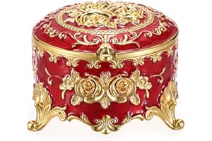 Hipiwe Vintage Metal Jewelry Box - Small Trinket Organizer Ring Box Case with Rose Pattern Jewelry Storage Box for Ring Earrings Necklace, Keepsake Box for Women,Red
