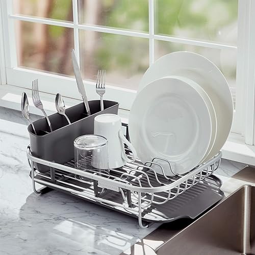 KitchenAid Compact Space Saving Aluminum Rust Resistant Dish Rack, with  Angled Self Draining Drainboard and Re