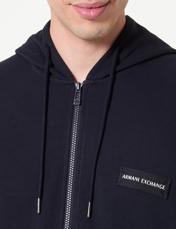 Men's Plain Boxy Fit, Embroidered Patch Logo, Metal Zip, Hooded Sweatshirt,Blue,M