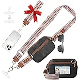 Tiostep Clip and Go Strap for Phone with Wallet Crossbody Phone Lanyard Adjustable and Anti-Theft Leather Purse with RFID Zipper Pouch for Travel Daily Life. Medium Black-Brown