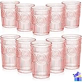 megarte Vintage Drinking Glasses Set - 12 Piece Textured Embossed Glassware 6 Highball Glasses 12 oz & 6 Rocks Glasses 10 oz Romantic Cocktail Cups for Iced Water Juice Tea Beverage Coffee Pink