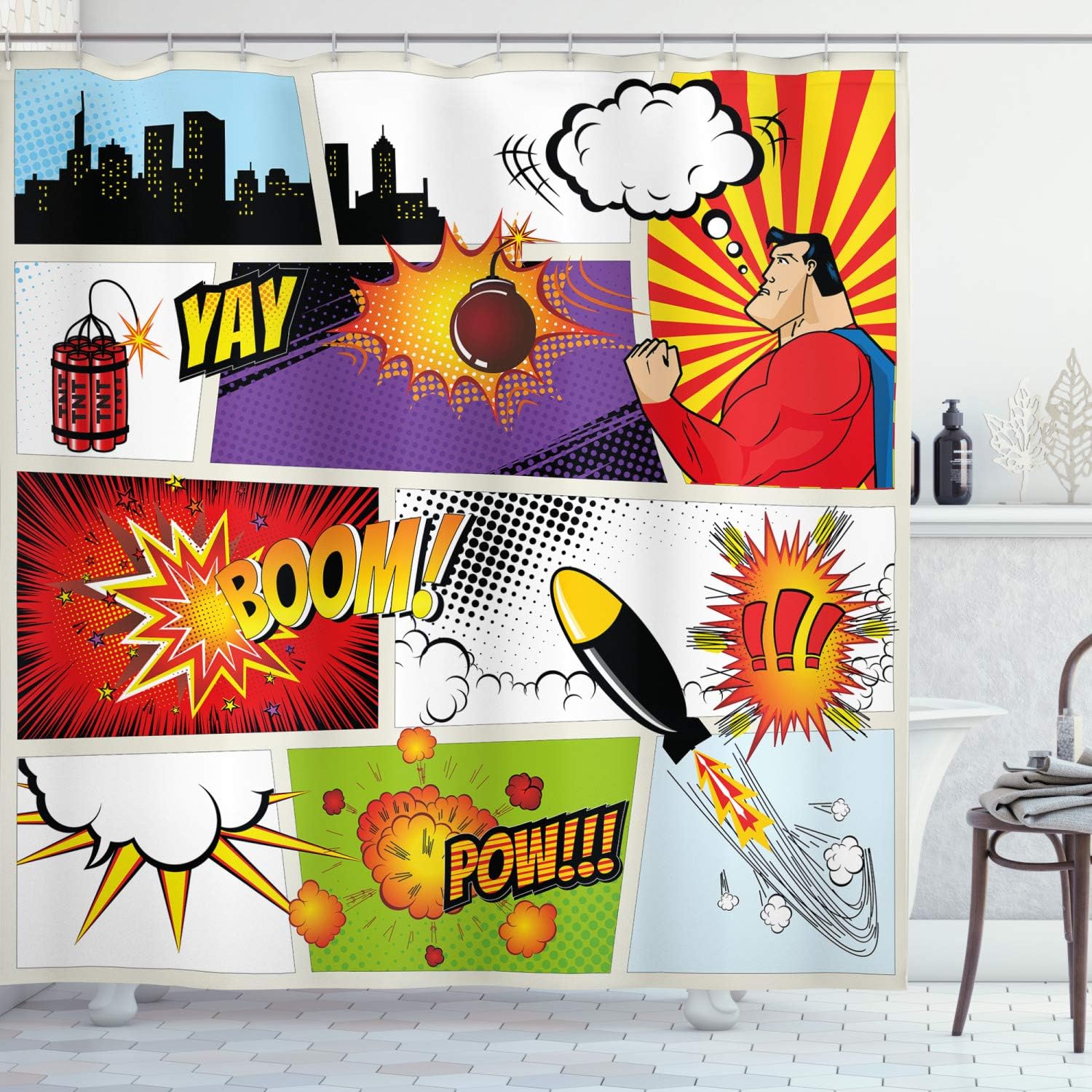 Amazon Com Ambesonne Superhero Shower Curtain By Retro Comic