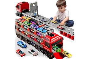 PEADUCK Toy Truck for 3 4 5 6 Years Old Kids Boys, 78-Inch Race Track Transport Vehicle and 12 Die-Cast Metal Toy Cars, Carri