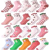 Fourluoo 20 Pairs Girls Socks Bulk Toddler Girl Cotton Kids Strawberry Flower Crew Cute Socks for Little Girls