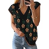 ZESICA Women's Floral Sleeveless Sweater Vest 2026 Summer Oversized Cap Sleeve V Neck Loose Knit Tank Tops Casual Outfits