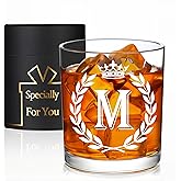 Jmugmt Personalized Whiskey Glasses Gifts for Men, Letter M Initial Whiskey Glass, Christmas Birthday Gifts for Men Husband Brother Dad, 10 OZ Old Fashioned Glass with Gift Box(Letter M)