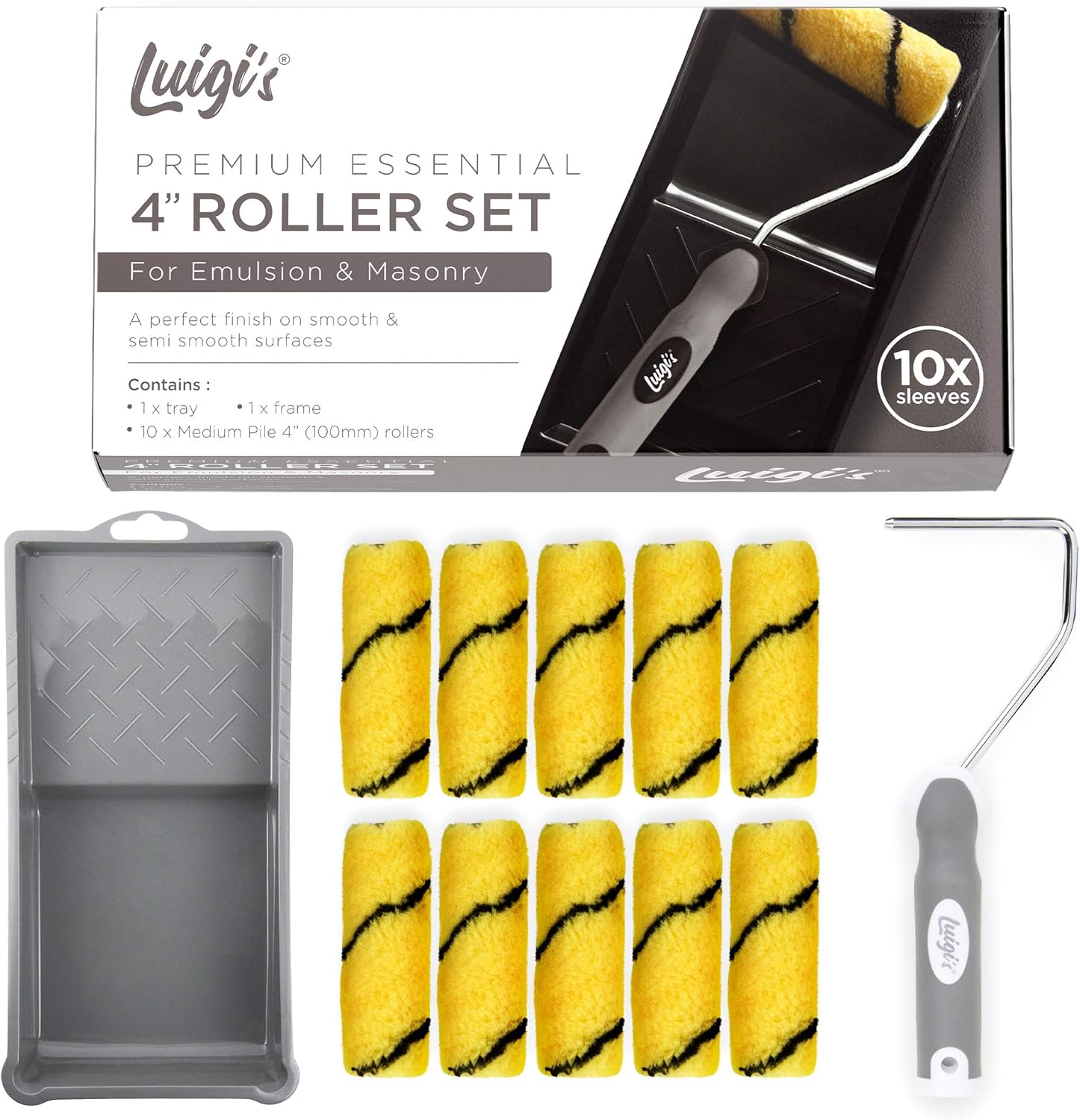 Luigi's Small Paint Roller Set | 4 Inch Paint Rollers | Medium Pile | 10 x Mini Paint Roller Cover with Steel Handle & Tray - - 