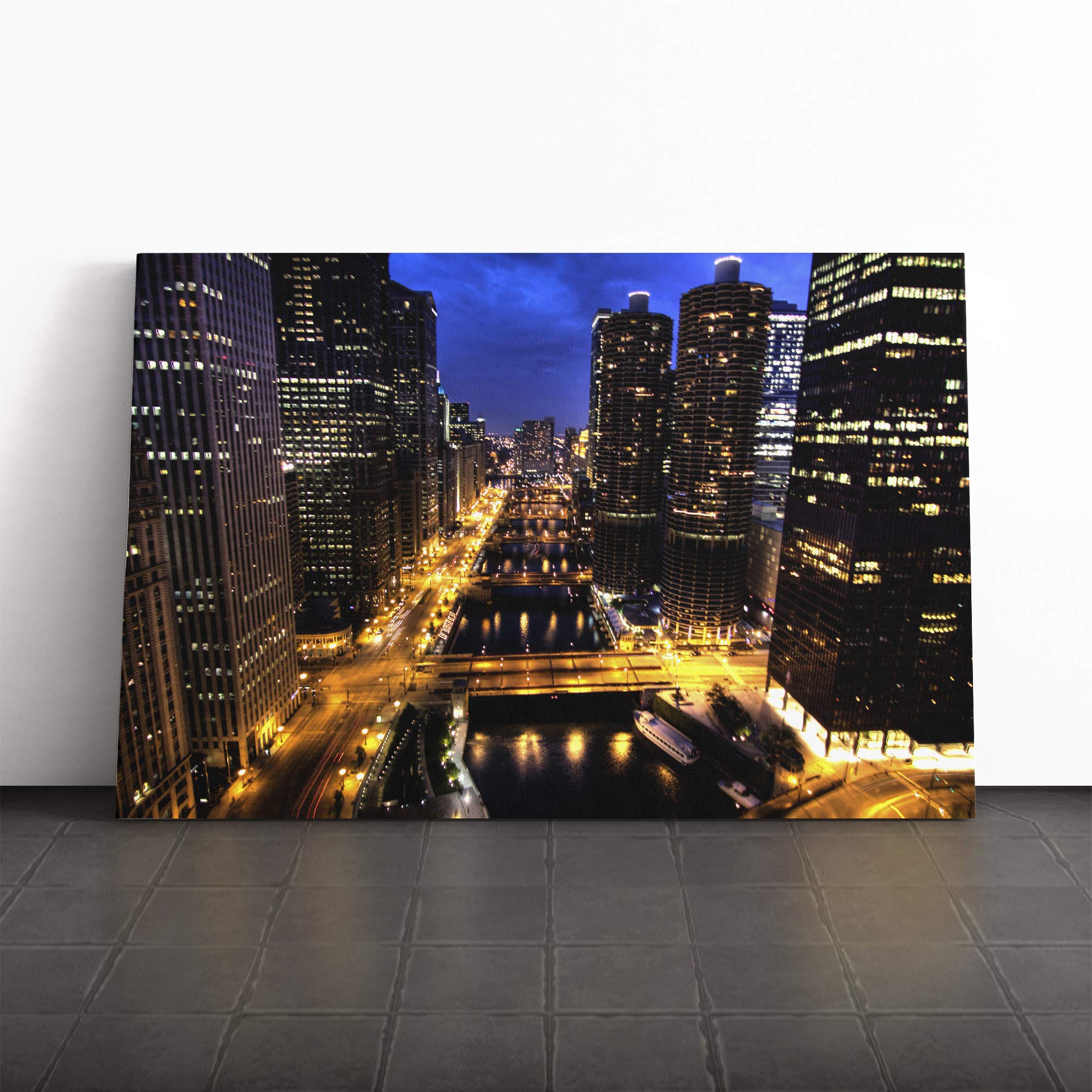 City and Buildings at Night Canvas Print | Gallery Wrapped 30mm Frame Wall Art | 20x14 inches | Ready to Hang | Modern Cityscape Picture | Living Room Bedroom Lounge Office