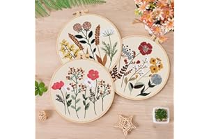 LOMOHOO 3 Sets Embroidery Kit for Beginners Embroidery Stitch Practice kit, Flower Stamped Cross Stitch for Embroidery Starte