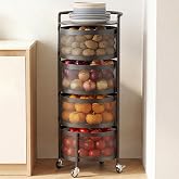 JAQ No Assembly Rotating Kitchen Storage Rack, 4-Tier Metal Basket Organizer with Wheels, Vegetable &amp; Fruit Storage Cart for Pantry, Potato and Onion Storage, Black