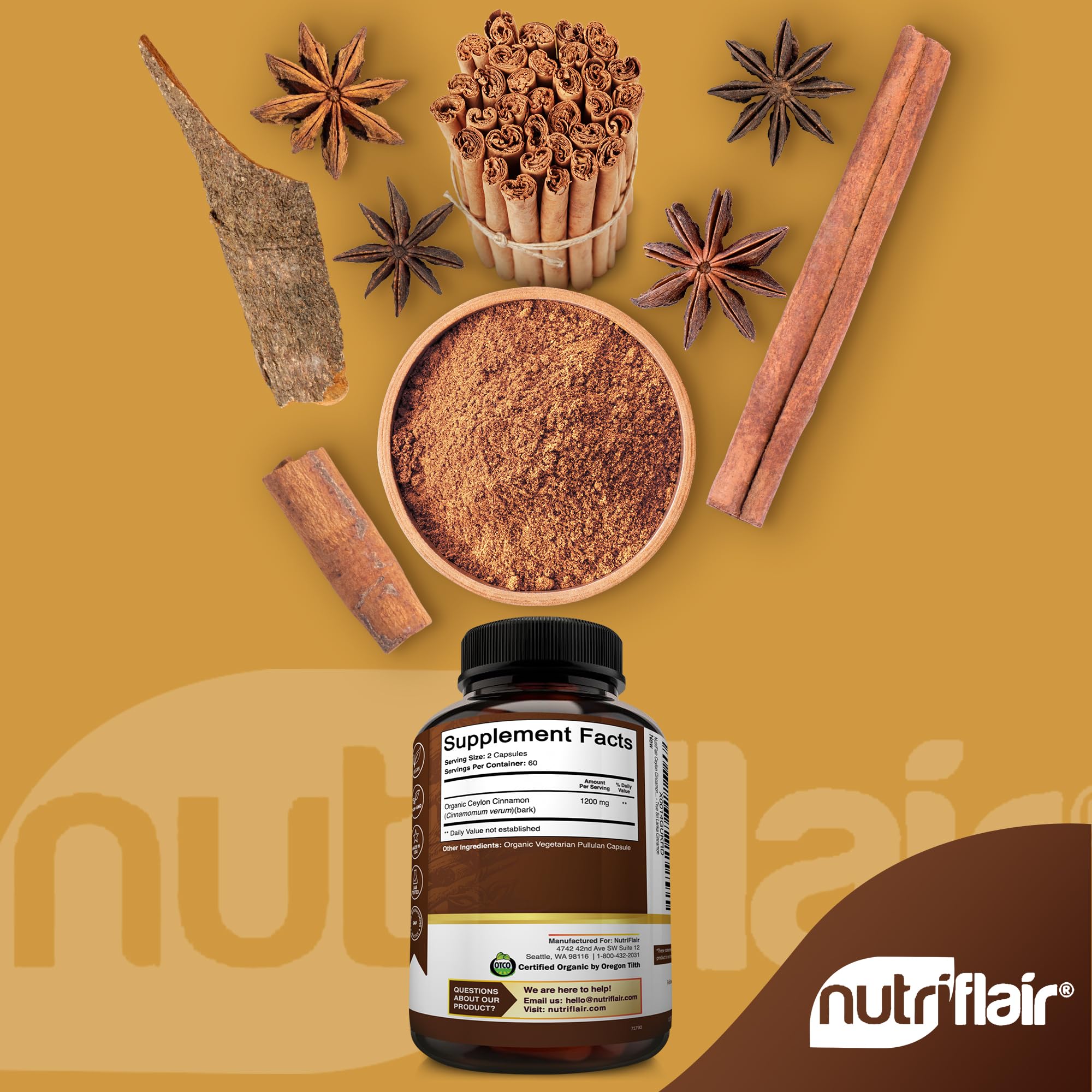 NutriFlair Organic Ceylon Cinnamon Supplement 1200mg, 120 Capsules - USDA Certified - Non-GMO, Gluten Free Powder, Antioxidant Pills