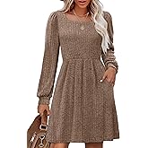 OFEEFAN Womens Knit Sweater Dress with Pockets Square Neck Long Sleeve Dresses