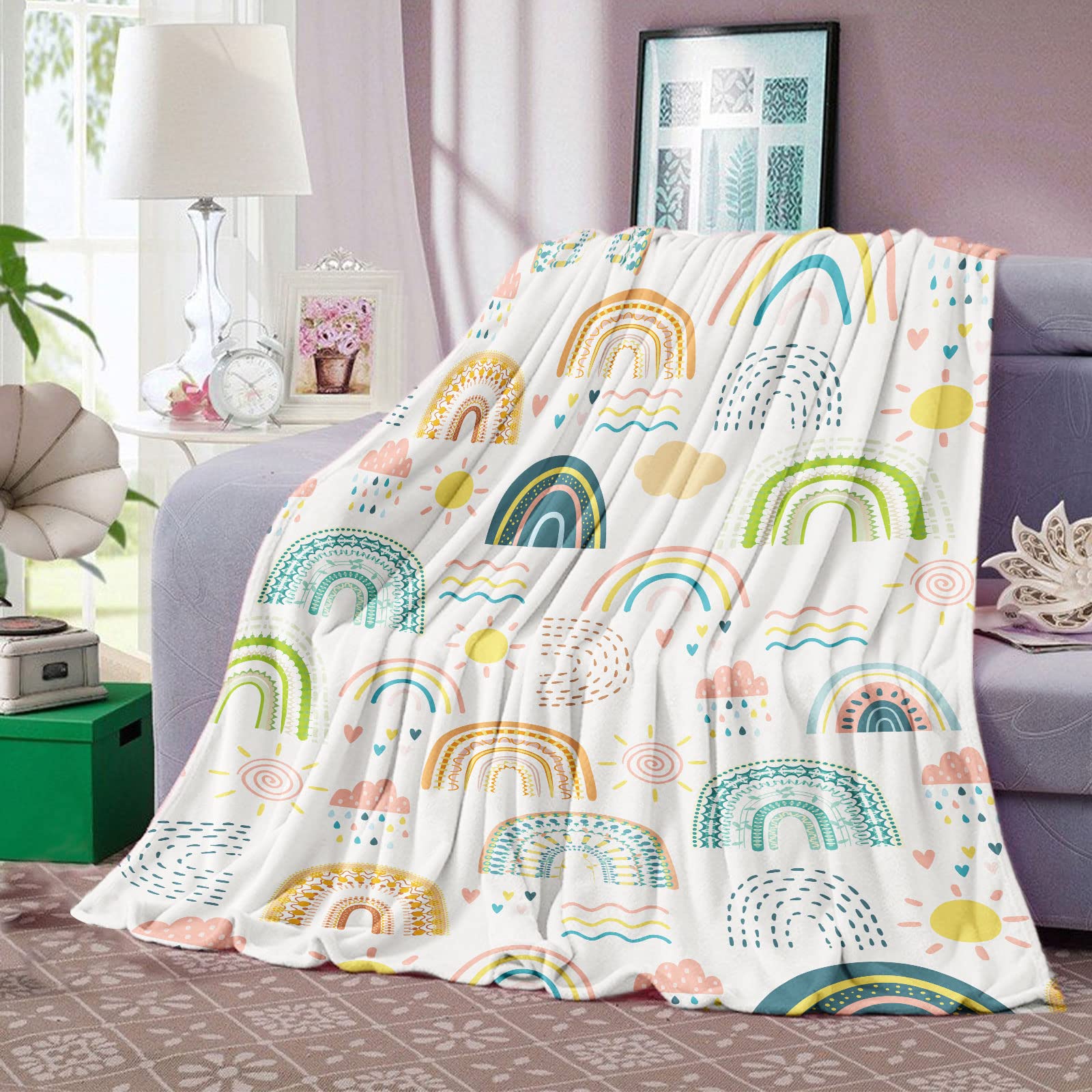 Domgoge Boho Rainbow Blanket, Fluffy Blanket , Baby Girl Soft Cozy Fleece Kids, Flannel Blankets Throw for Daughter Gifts Crib, 76x102cm, Rainbow-white, (TR-50)