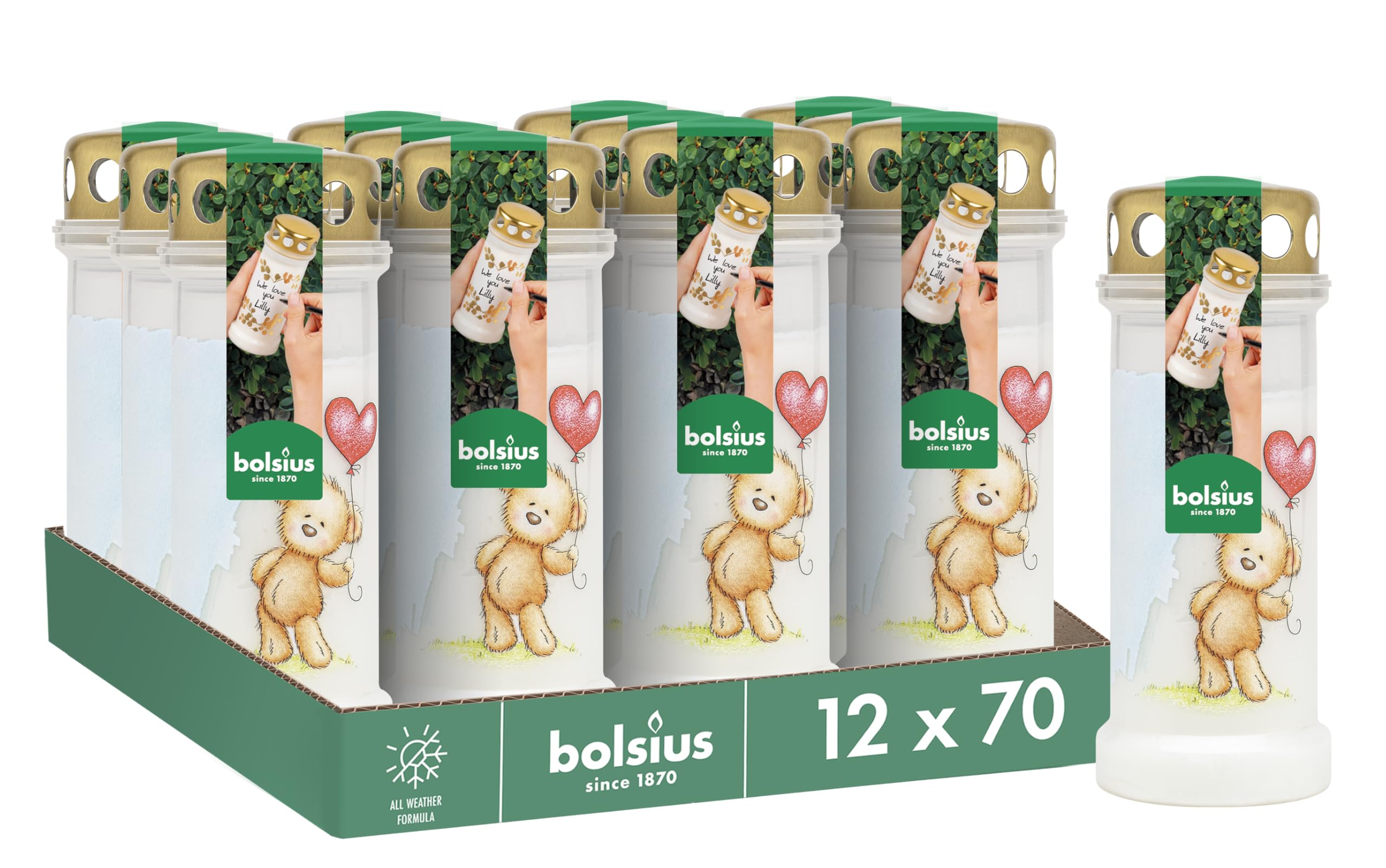 Bolsius Grave Light - White with Motif - Pack of 12 - Teddy Bear - Long Burning Time 70 Hours- Funeral Candle & Memorial Candles - Clean Burning - Without Palm Oil - with Stormlid