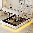Lift Up Storage Bed Frame Queen Size Floating Bed Frame with Adjustable Headboard/LED Lights/Charging Station/Outlet,Velvet Upholstered Tufted Platform Bed Frame/Wooden Slat/No Box Spring Needed,White