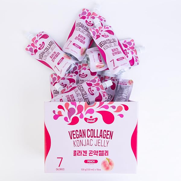 DELIEF VEGAN COLLAGEN KONJAC JELLY (PEACH FLAVOR) 120G X 10 PACKS – LOW-CALORIE FRUIT GEL SNACK, GLUTEN-FREE, PLANT-BASED, 7 KCAL PER POUCH