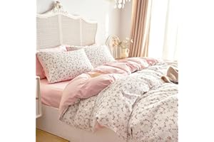 Wake In Cloud - Floral Duvet Cover Set, Coquette Cottagecore Aesthetic Cute Flower Pattern for Women Teen Girls, Soft Lightweight Bedding, 3-Piece, Pink, Full Size