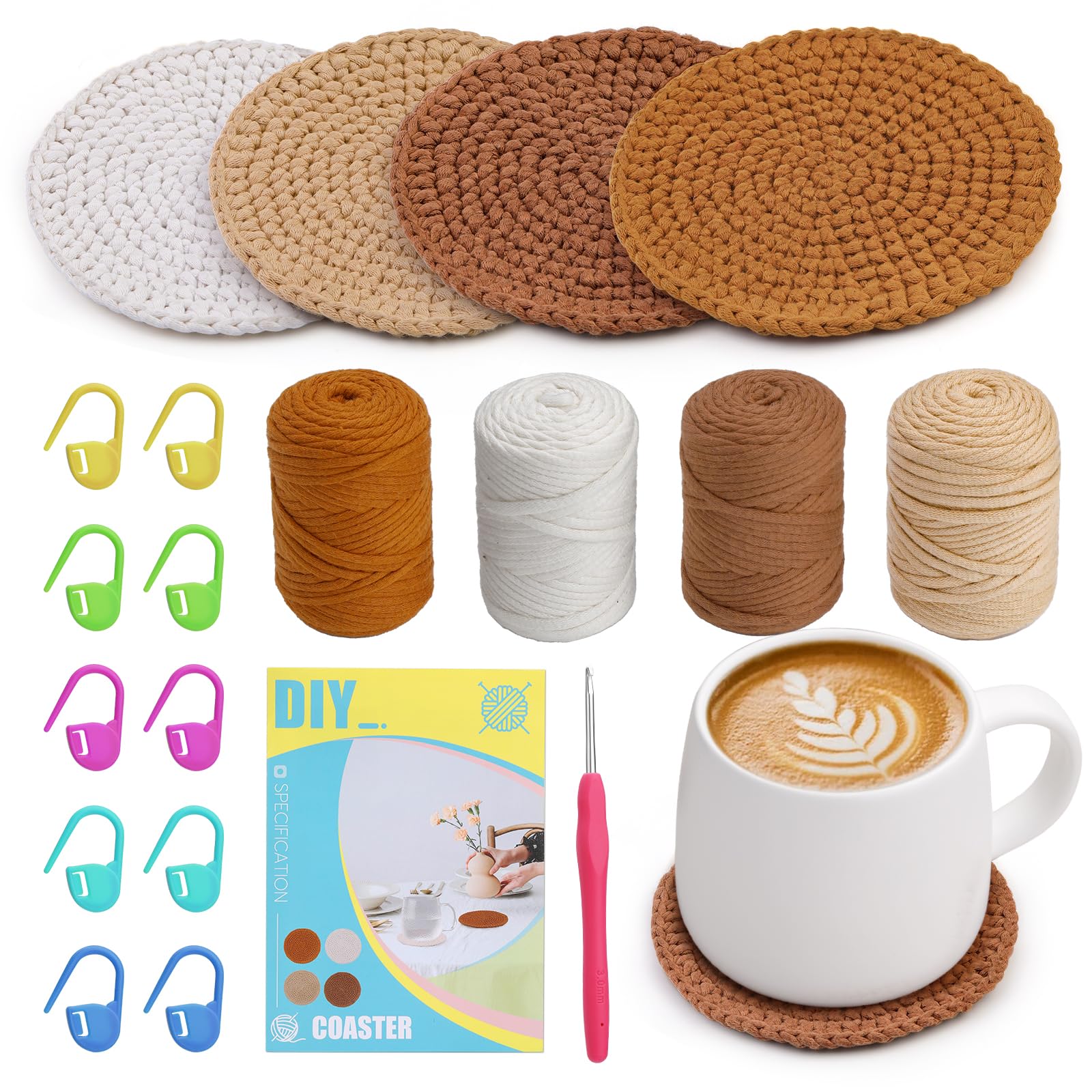 dipeer Crochet Kit, 4 Pcs Coaster Crochet Kits for Beginners Adults with Step-by-Step Video Tutorials Crochet Hook Yarn, Complete Crochet Starter Kit for DIY Knitting Home Deco